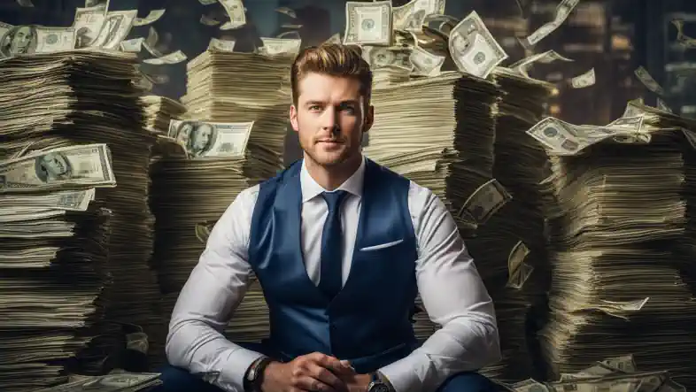 A businessman is surrounded by money and charts in a vibrant cityscape, with a variety of diverse faces and outfits.