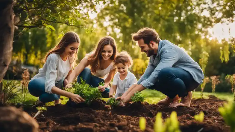 A family joyfully plants trees in a garden, capturing the bustling atmosphere with stunning photography.