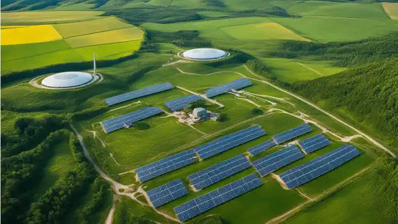 A futuristic impression of a combination renewable energy farm of both solar PV panels and Biogas Plants.