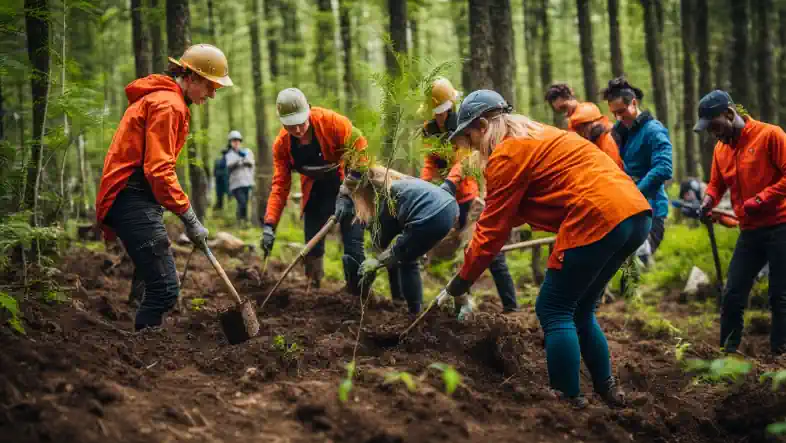 Volunteers in a forest plant trees for net carbon emissions reduction.