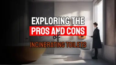 Pros and cons of incinerating toilets. A person observing a high-tech incinerating toilet in a modern bathroom.