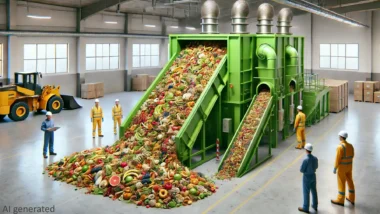 An AI vision of a modern food waste depackaging machine.