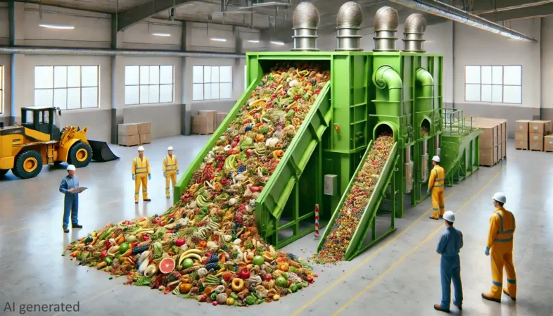 An AI vision of a modern food waste depackaging machine.